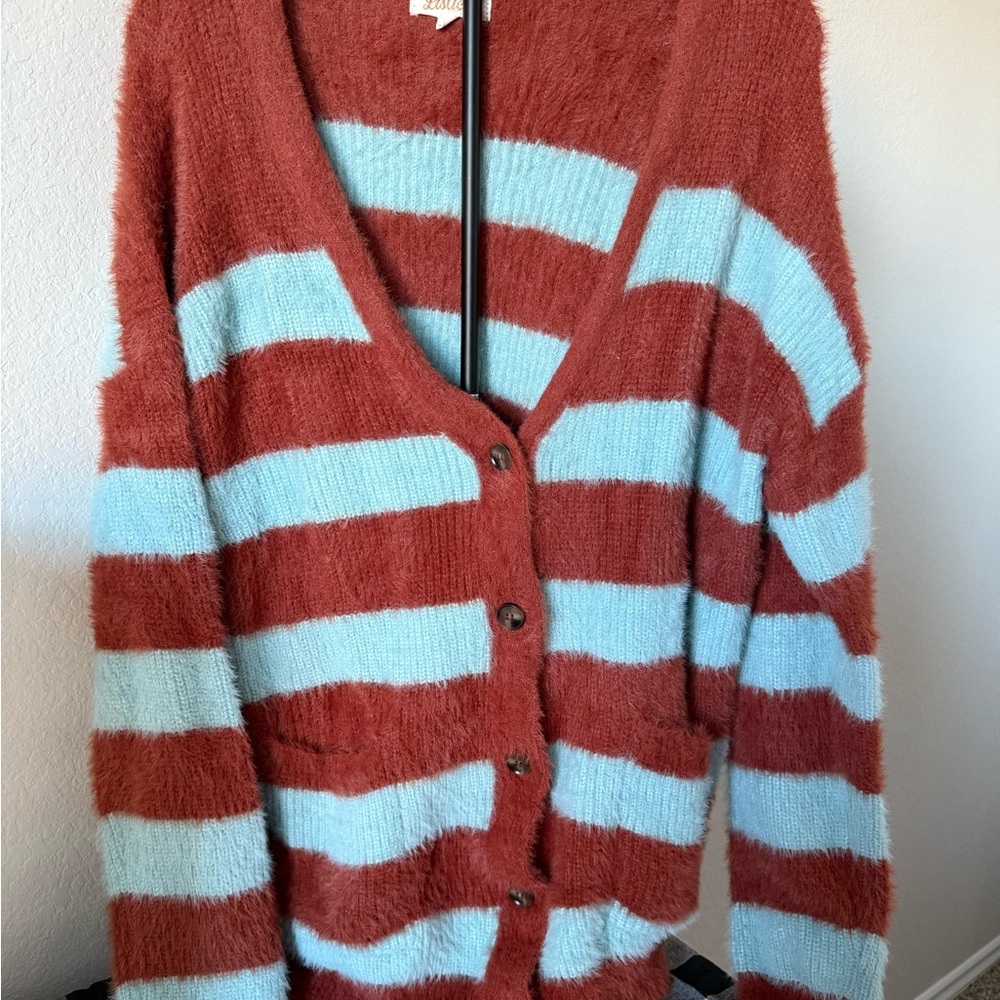Listicle Rust and Light Blue Striped Cardigan